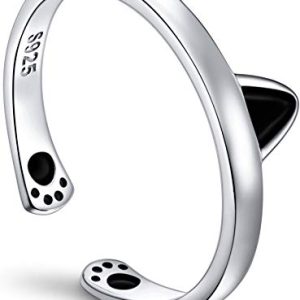 Anillo de plata de ley 925 con diseño de gato con orejas negras
