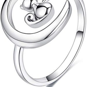Anillo de compromiso de plata, ajustable con diseño de gato y luna creciente
