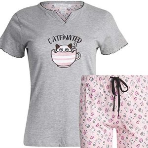 Pijama con gatito en taza gris y rosa de algodón, Talla L – Rene Rofe