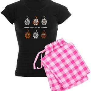 Pijama crazy cat lady polo negro pantalón rosa, talla L – CafePress