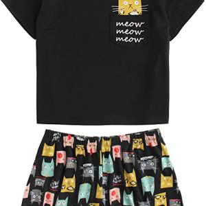 Pijama camiseta negra con gatito y pantalones cortos para mujer – DIDK